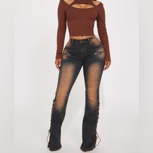 Fashion Nova Tongue Tied Flare Jeans Dark Wash NWT Size 1 Y2K Retro Stretchy